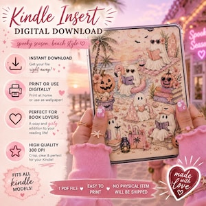 May include: A digital Kindle insert download featuring a beach-themed illustration of ghosts with pumpkins, surfboards, and books. The graphic includes text such as Kindle Insert, Digital Download, and Spooky Season, Beach Style, with icons for instant download, printing, and quality specifications.