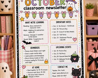 Preppy Halloween Classroom Newsletter Template | October Teacher Communication (Digital Download)