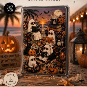 May include: A 5x7 inch Kindle insert featuring a Summerween beach scene with ghosts wearing heart-shaped sunglasses, reading books, and drinking beverages. The illustration includes pumpkins, black cats, bats, and a sunset ocean background.