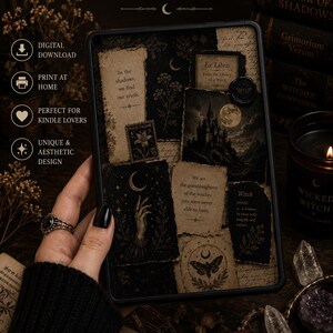 May include: A digital Kindle insert featuring a dark, gothic collage of torn paper scraps, vintage stamps, a castle silhouette, a moon, and a hand illustration. Text includes "In the shadows, we find our truth," "Ex Libris," and "We are the granddaughters of the witches."