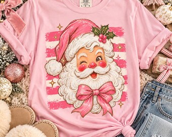 Vintage Pink Santa Face T-Shirt | Retro Christmas Santa Tee