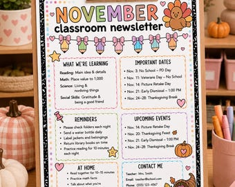 November Thanksgiving Classroom Newsletter Template | Preppy Fall Teacher Print (Digital Download)