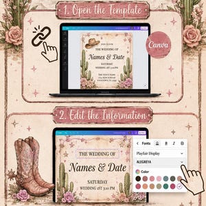 May include: An instructional graphic for a Triple E Ranch Co invitation template. It features three steps: opening the template on a laptop, editing text and fonts in Canva, and downloading files for printing or digital sharing, all with western motifs.