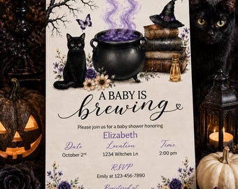 Halloween Baby Shower Invitation | A Baby Is Brewing, Witchy Cauldron (Digital Download)