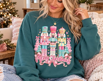 Pink Nutcracker Trio Merry Christmas Sweatshirt | Holiday Christmas Crewneck