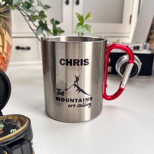 Personalised Mountains Are Calling Mug | Carabiner Mug | Climbing Gift | Walking Gift | Mug For Hikers | Mug For Walkers | Mountains Gift