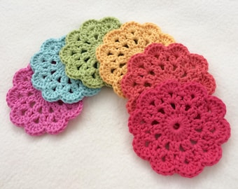 6 Crochet Flower Coasters, Modern Vintage Crochet, Rainbow Colours Flower Drink Mats, Handmade