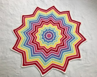 Rainbow Round Ripple Blanket - 12 Pointed Star Afghan - Colourful Baby Blanket - Nursery Gift - Toddler Play-mat - READYMADE -