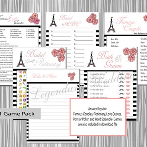 Bridal Shower Game Bundle, Bridal Shower Games Printable, Bridal Shower Game Pack, Bridal Shower Instant Download, Shower Game Bundle, Paris
