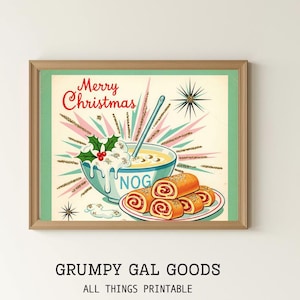 May include: A framed wall art print featuring a vintage-style illustration of a bowl of eggnog labeled NOG with a spoon, holly leaves, and a plate of three rolled pastries. The text Merry Christmas is displayed in red script above the bowl.