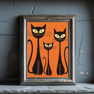 Black Cat Art, Halloween Digital Prints, Vintage Halloween Prints, Halloween Wall Prints, Mid Century Wall Art, Vintage Art Print