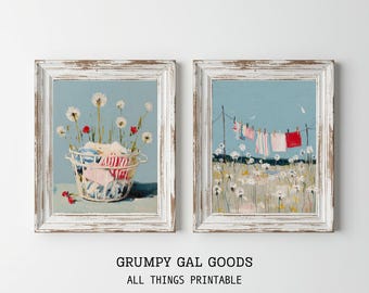 Conjunto de arte para lavandería del 4 de julio con temática americana / Lámina de pintura al óleo de tendedero patriótico / Decoración de verano en rojo, blanco y azul / Descarga digital
