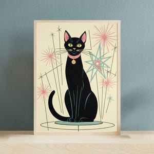Atomic Cat Print, Downloadable Art, Cat Lover Gift, Downloadable Print, Mid Century Wall Art, Vintage Print, Atomic Wall Art