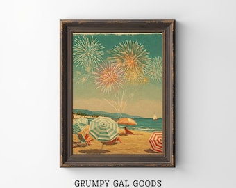 Vintage 4th of July Beach Fireworks Art | Americana Summer Coastal Wall Decor | Retro Independence Day Poster | Mid Century Beach Scene
