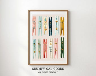 Vintage Clothespin Print | Retro Laundry Room Decor | Mid Century Modern Boho Wall Art | Farmhouse Laundry Poster | Colorful Laundry Sign