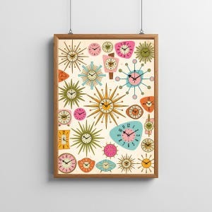 May include: A framed print featuring a collection of retro clocks in various shapes and colors. The clocks have starburst, round, and geometric designs, with a palette of pink, green, orange, and blue against a cream background. The print is in a wooden frame.
