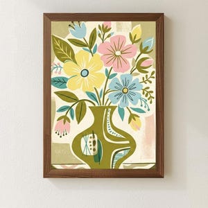 Peut inclure: Impression d'art encadr&eacute;e repr&eacute;sentant un bouquet de fleurs stylis&eacute;es. Le vase vert contient des fleurs jaunes, roses et bleues avec des feuilles vertes. Le cadre est marron fonc&eacute;, et le fond a une texture.