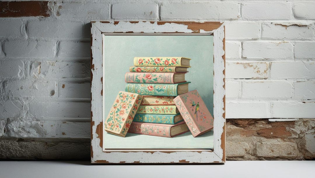 Book Stack Print Floral Book Stack Print, Downloadable Prints, Downloadable Art, Book ...