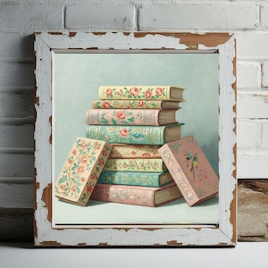 Floral Book Stack Print, Downloadable Prints, Downloadable Art, Book Lover Gift, Literary Wall Art, Book Nook, Library Wall Art