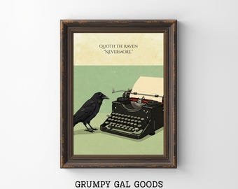 Edgar Allan Poe Nevermore Print | Mid Century Modern Gothic Raven Art | Dark Academia Typewriter Poster | Goth Raven Quote Wall Decor
