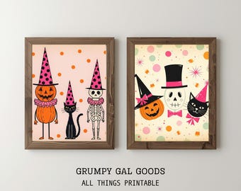 Retro Halloween Print Set | Mid Century Vintage Halloween Decor | Cute Black Cat Skeleton Pumpkin Poster | Pastel Halloween Printable