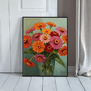 Zinnia Bunch Print, Downloadable Art, Mid Century Wall Art, Downloadable Prints, Large Living Room Wall Art, Floral Art Print, Vintage Print