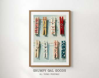 Lámina artística de pinzas de ropa estilo americano vintage / Decoración patriótica para el cuarto de lavado / Pintura al óleo en rojo, blanco y azul / Arte mural retro del 4 de julio