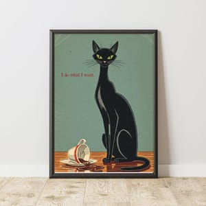 Black Cat Art, Downloadable Art Print, Downloadable Prints, Mid Century Wall Art, Vintage Art Print, Coffee Wall Art, Cat Art