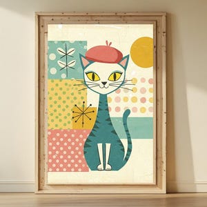 Vintage Atomic Cat Print, Pobieralne wydruki artystyczne, Pobieralne wydruki, Duża sztuka ścienna do salonu, Sztuka ścienna z kotem, Druk z połowy XX wieku