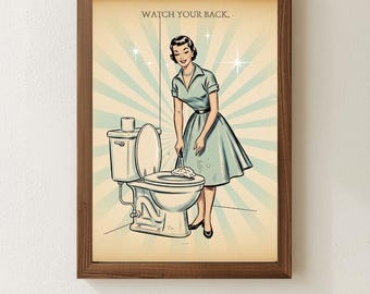 Retro 1950s Housewife Art Print | Funny Toilet Cleaning Illustration | Sarcastic Seafoam Bathroom Wall Decor | Vintage Kitsch Poster Art