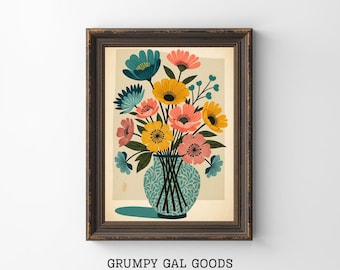 Impression d'art floral moderne du milieu du siècle, bouquet botanique rétro dans un vase bleu, décoration murale de fleurs de l'ère atomique, jet d'encre coloré de Style années 1960