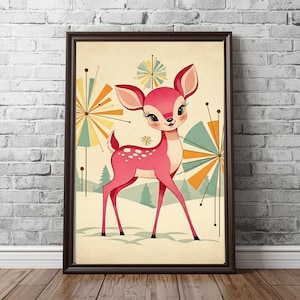 Puede incluir: Impresión artística enmarcada de estilo vintage con un ciervo rosa con lunares blancos, sobre un fondo crema con diseños retro de explosiones de estrellas en naranja, verde azulado y amarillo. La obra está enmarcada en un marco marrón oscuro.
