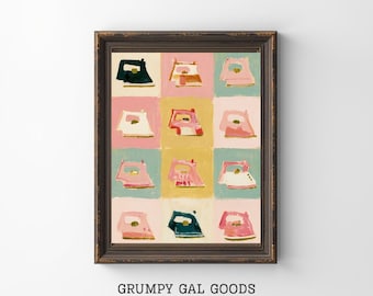 Decoración de pared retro para lavandería / Pintura vintage de plancha de ropa / Cuadrícula de arte pop moderno de mediados de siglo / Bonita decoración para cuarto de servicio / Póster imprimible