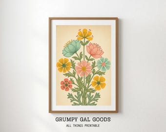 Imprimé fleurs des prés Mod rétro | Art mural floral Mid-Century | Poster botanique de style scandinave | Décoration de ferme pastel | Art de jardin minimaliste