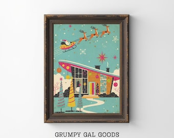 Mid Century Modern Santa Print | Retro Atomic House Christmas Art | Vintage 1950s Holiday Wall Decor | Kitsch Christmas Print | Printable