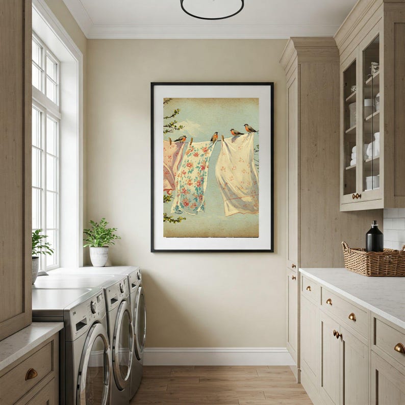 Vintage Laundry Day Art Print | Farmhouse Clothesline With Birds ...
