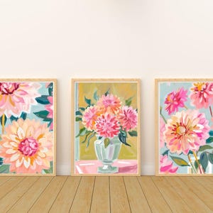 Dahlia Art Print Set, Wall Prints Set of 3, Downloadable Art, Art Prints Set of 3, Floral Wall Art, Downloadable Prints, Summer Wall Art