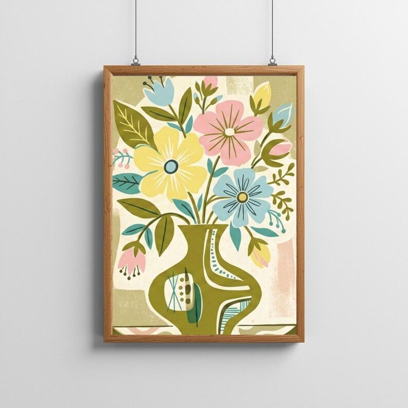 Peut inclure: Une impression d'art encadr&eacute;e repr&eacute;sentant un arrangement floral stylis&eacute; dans un vase vert. Les fleurs sont dans des tons de jaune, rose et bleu, avec des feuilles vertes. Le fond est beige clair avec un motif subtil. Le cadre est en bois.