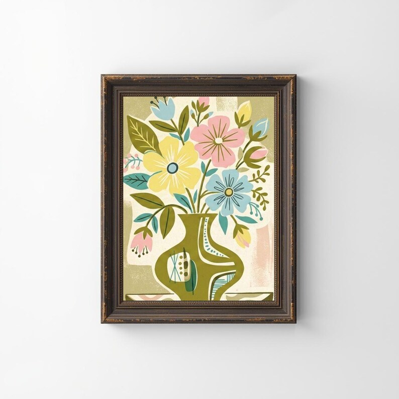 Peut inclure: Impression d'art encadr&eacute;e repr&eacute;sentant un arrangement floral dans un vase vert. Les fleurs sont jaunes, roses et bleues, avec des feuilles vertes. Le vase a une forme et un design uniques. Le cadre est marron fonc&eacute;.
