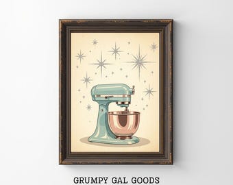 Retro Kitchen Stand Mixer Illustration | Vintage Pastel Baking Wall Art | Mid Century Counter Decor | Atomic Starburst Gallery Print