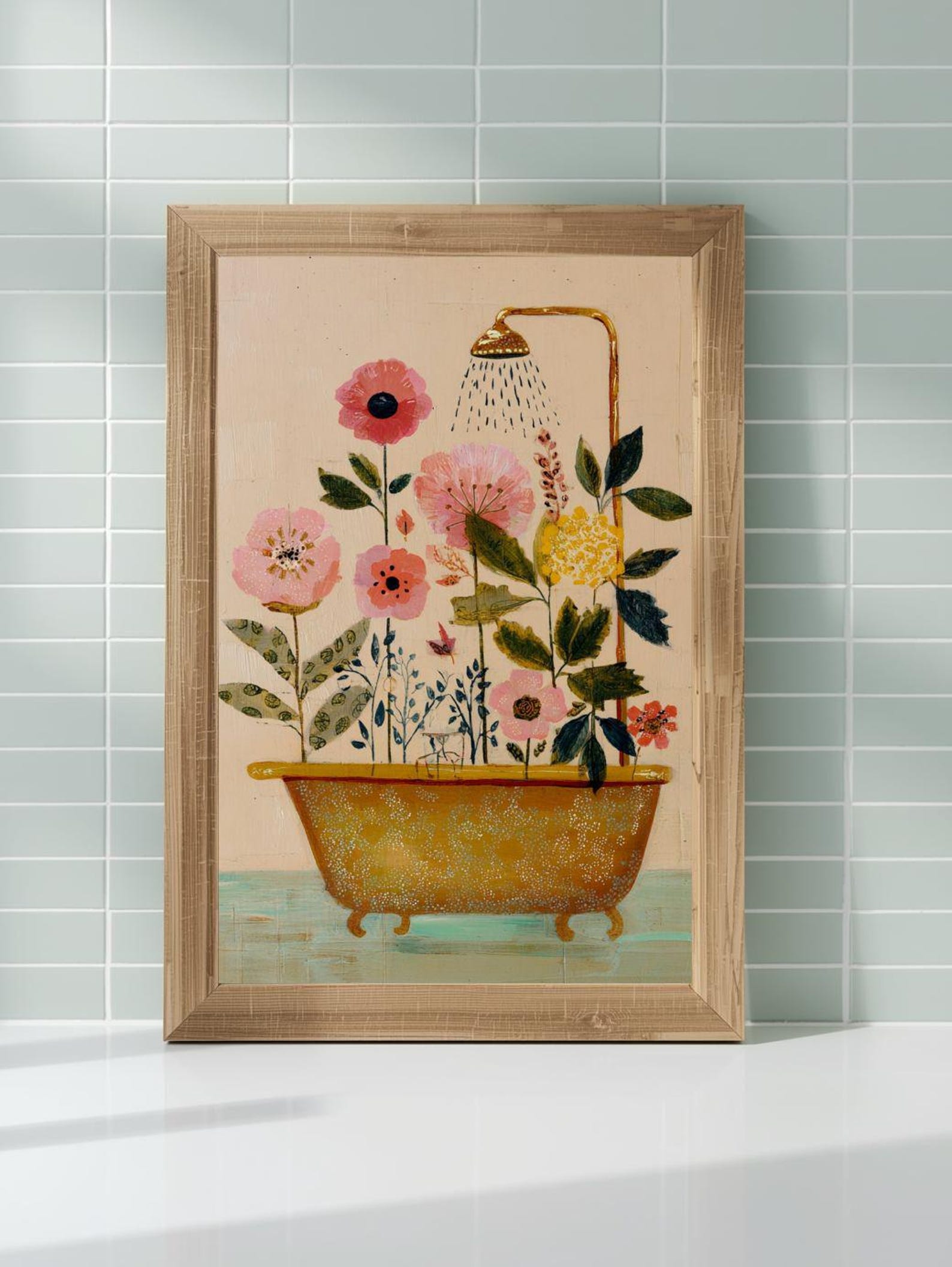 Vintage Mustard Tub Floral Oil Painting Print | Retro Bathroom Wall Art