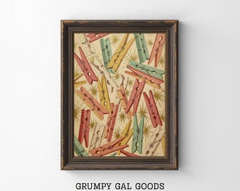 Mid Century Modern Clothespin Art Print | Atomic Starburst Retro Laundry Room Decor | Kitsch Pastel Kitchen Wall Art | 1950s Style Poster