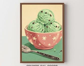 Stampa di gelato alla menta e gocce di cioccolato / Decorazione retrò per la cucina / Poster da parete in stile moderno di metà secolo / Illustrazione kitsch di un dessert estivo