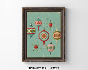 Mid Century Modern Christmas Ornaments Print | Retro Atomic Starburst Holiday Wall Art | 1950s Vintage Teal Baubles Decor | Printable