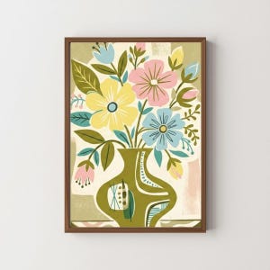 Peut inclure: Impression d'art encadr&eacute;e repr&eacute;sentant un bouquet floral dans un vase vert. Le bouquet comprend des fleurs jaunes, roses et bleues avec des feuilles vertes. Le vase a un design unique, sur un fond beige et rose.