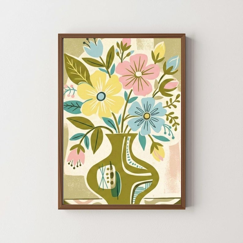Peut inclure: Impression d'art encadr&eacute;e repr&eacute;sentant un bouquet floral dans un vase vert. Le bouquet comprend des fleurs jaunes, roses et bleues avec des feuilles vertes. Le vase a un design unique, sur un fond beige et rose.