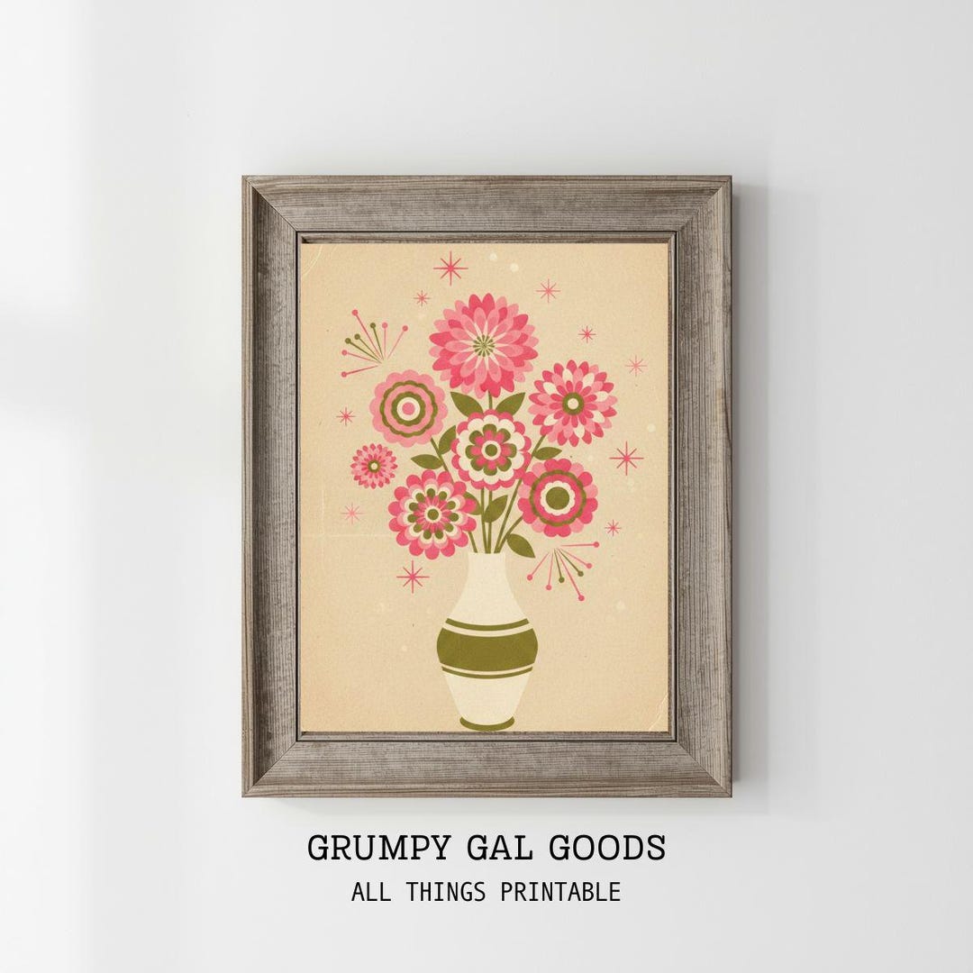 Retro Mid Century Modern Floral Art Print | Kitsch Pink Flowers and ...