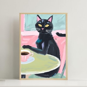 Cat & Coffee Art Print, Downloadable Art, Downloadable Prints, Coffee Wall Art, Cat Lover Gift, Pastel Wall Art, Black Cat Wall Art