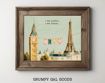 Lámina artística de lavandería retro / Divertida pintura al óleo de Londres, Francia / Decoración de pared de baño caprichosa / Lindo póster de tendedero en tonos pastel