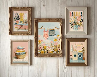 Conjunto de láminas decorativas retro para la lavandería, decoración de pared estilo galería doméstica vintage, láminas modernas de mediados de siglo para el día de la colada, conjunto de 5 láminas estéticas.
